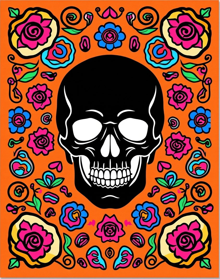 Vibrant Skull Floral Surround Orange Rug
