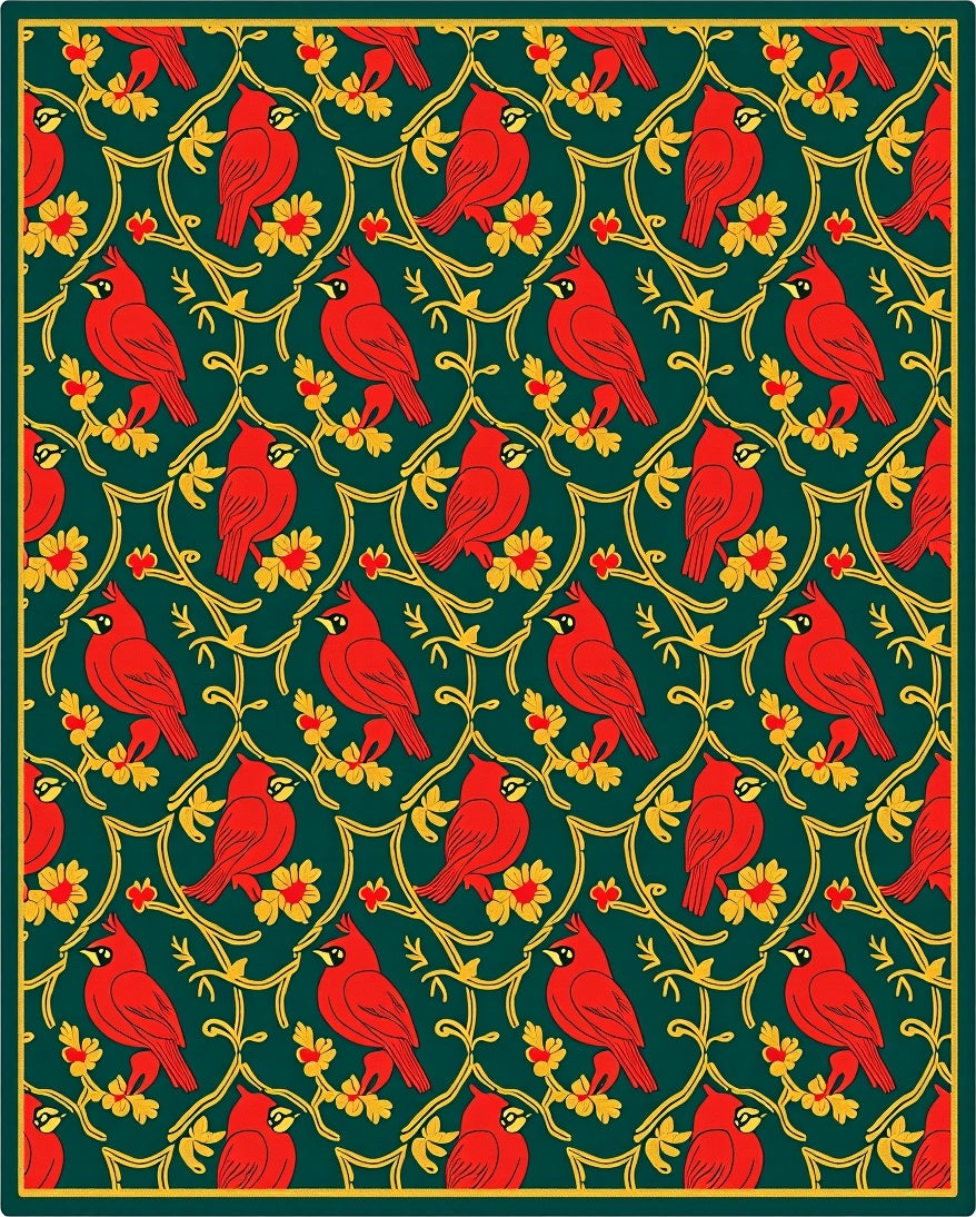 Crimson Red Cardinal Yellow Floral Vine Rug