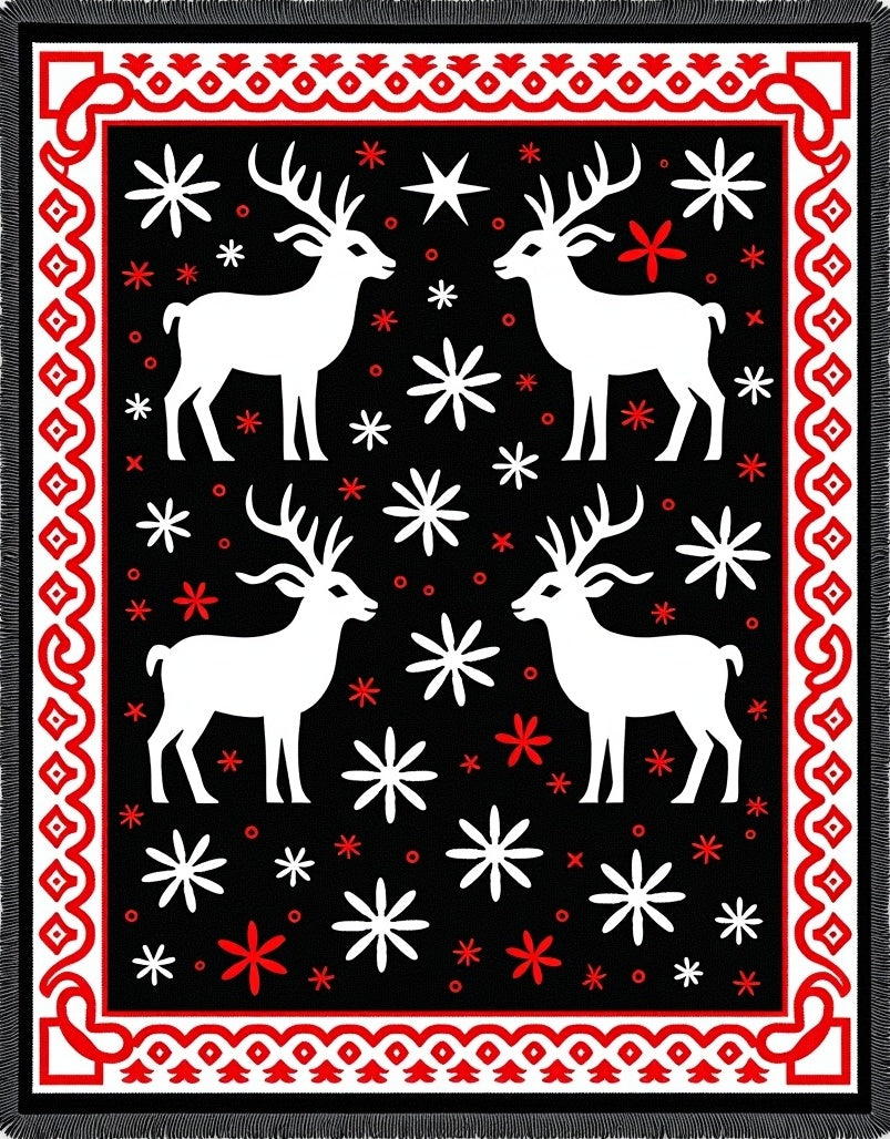 Red White Deer Snowflake Border Rug