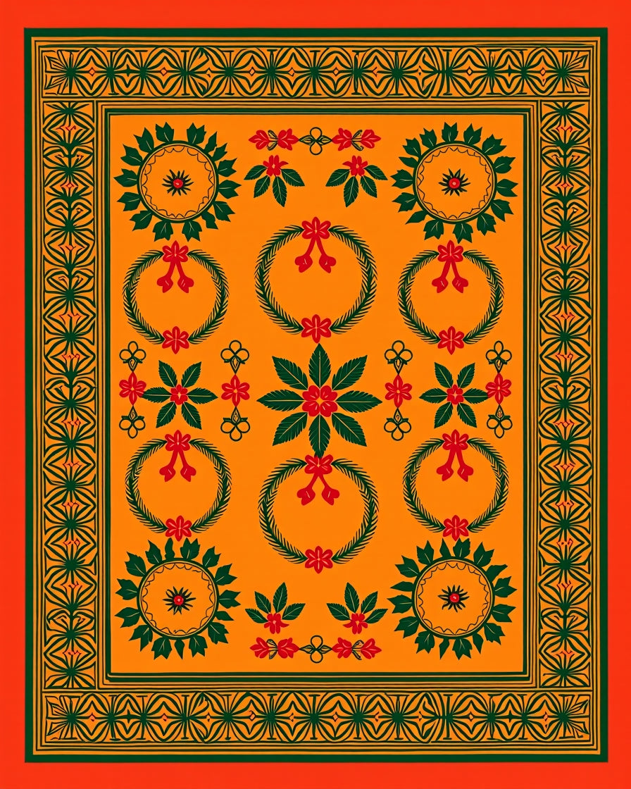 Orange Green Red Floral Wreath Medallion Rug