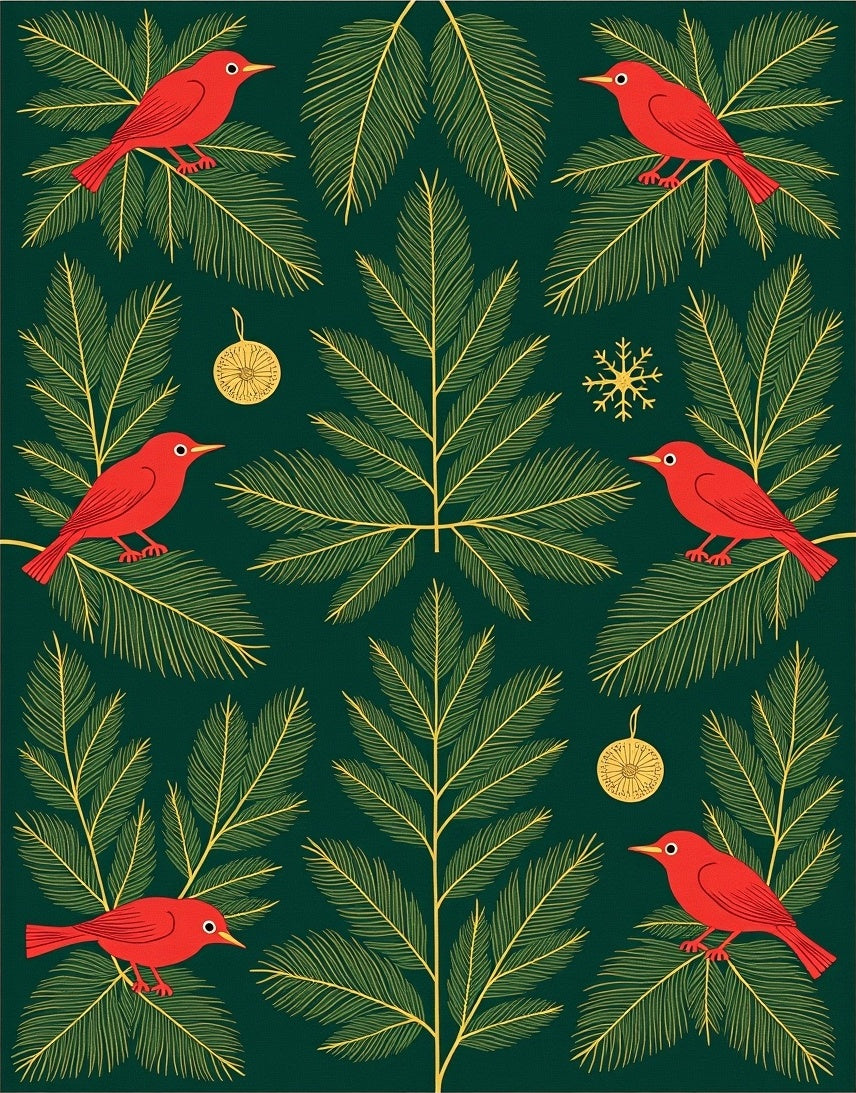 Crimson Birds Evergreen Holiday Garland Rug