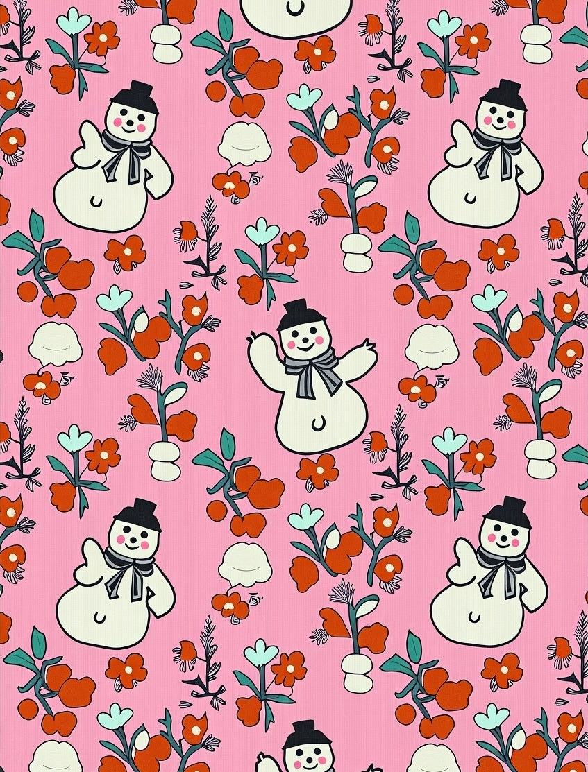 Pink Snowman Floral Whimsical Garden Rug