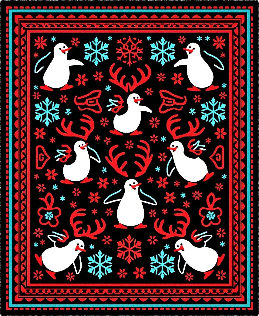 Winter Penguin Snowflake Antler Medallion Rug
