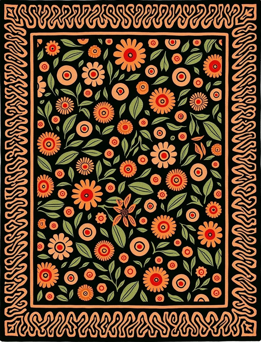 Black Orange Floral Garden Border Rug