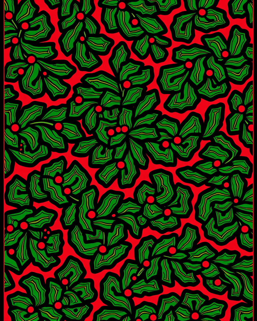 Bold Red Green Leaf Berry Collage Rug