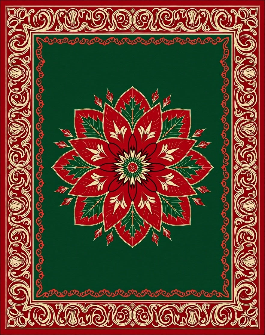 Rich Red Floral Medallion Emerald Border Rug
