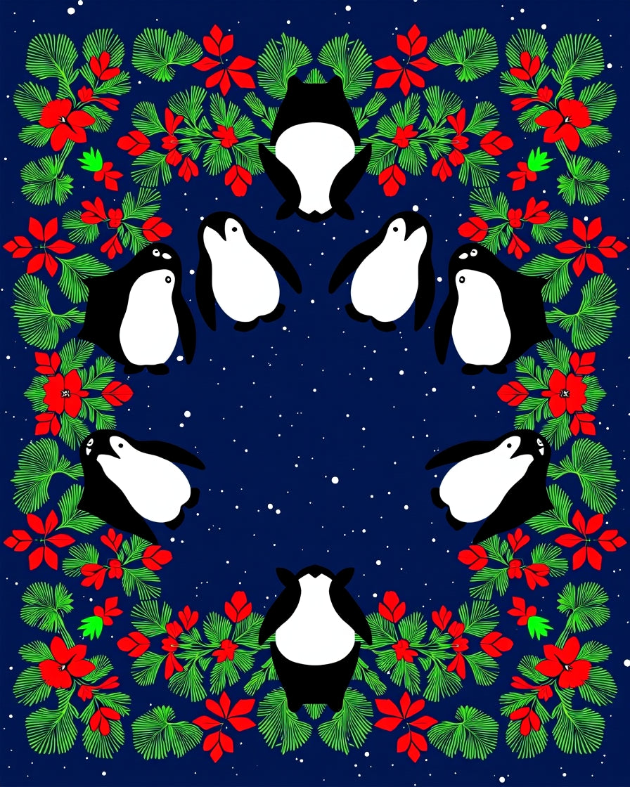 Whimsical Penguin Christmas Garland Rug