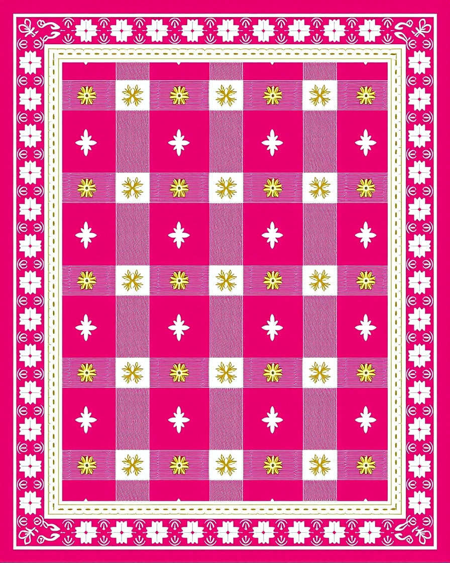Vibrant Pink Gingham Floral Overlay Rug