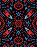 Red Blue Stylized Geometric Sunburst Rug