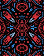 Red Blue Stylized Geometric Sunburst Rug