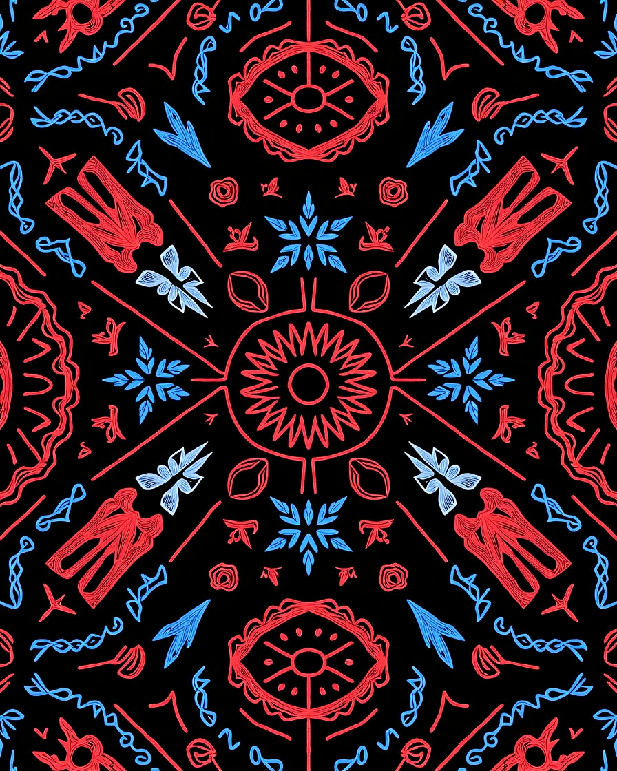 Red Blue Stylized Geometric Sunburst Rug