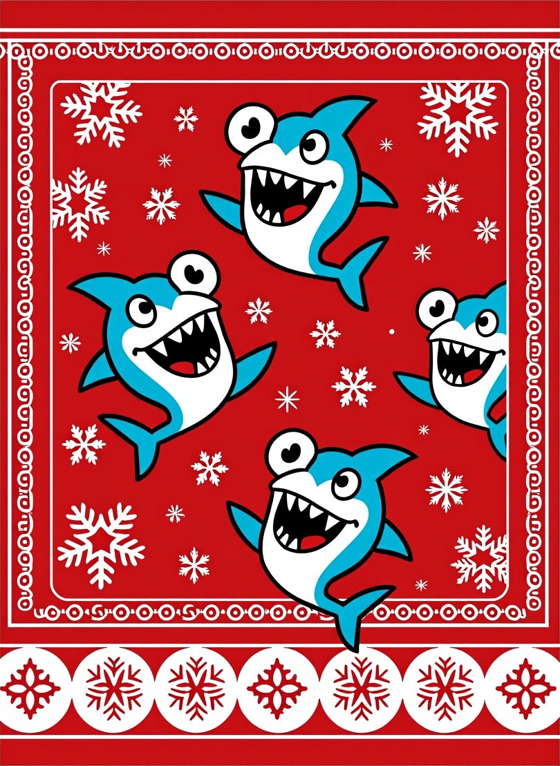 Whimsical Blue Sharks Snowflakes Red Rug