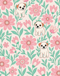 Playful Puppy Pink Floral Garden Scene Rug