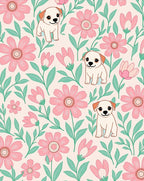 Playful Puppy Pink Floral Garden Scene Rug