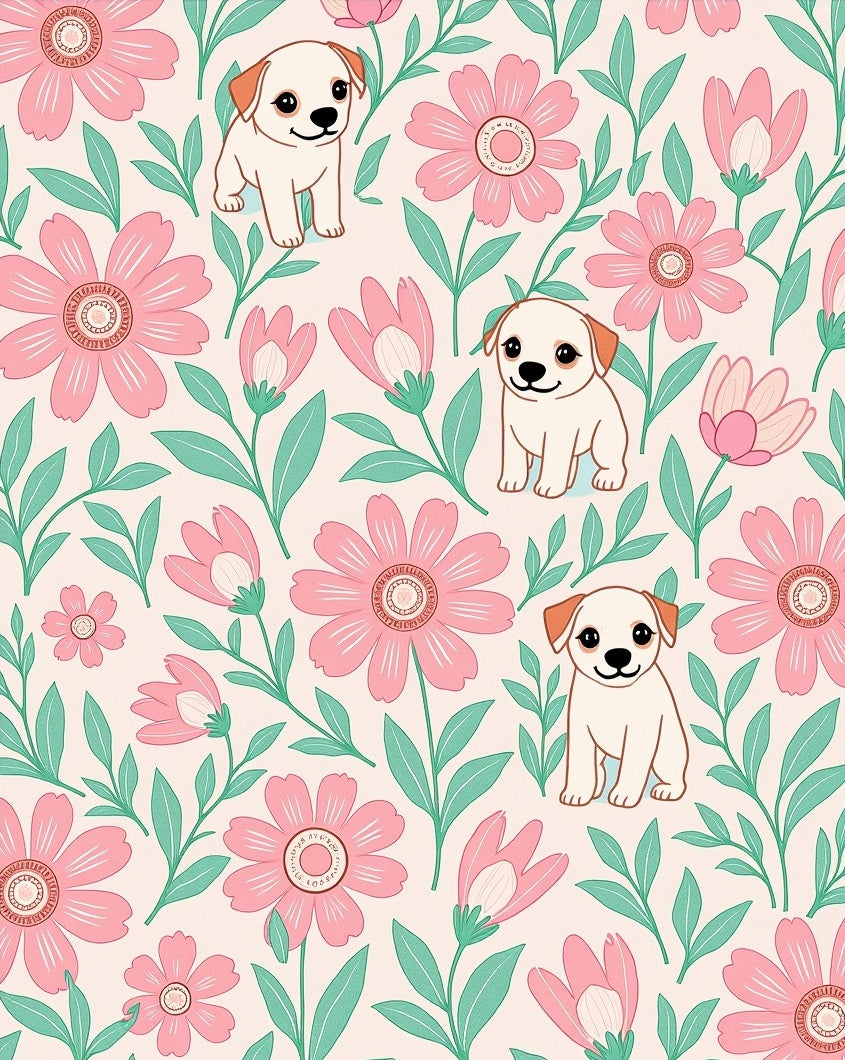 Playful Puppy Pink Floral Garden Scene Rug
