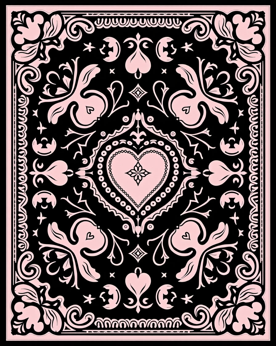 Pink Black Floral Heart Medallion Rug