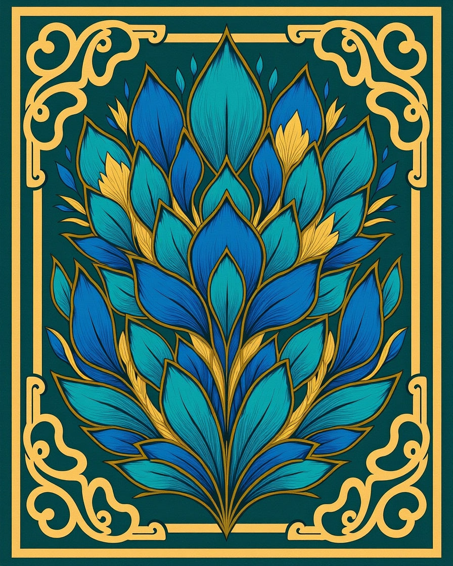 Luxe Teal Blue Golden Bloom Rug
