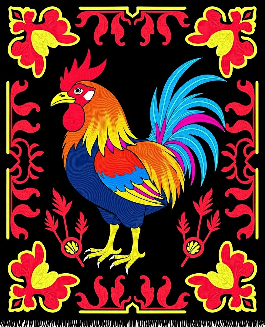 Vibrant Rooster Floral Border Rug