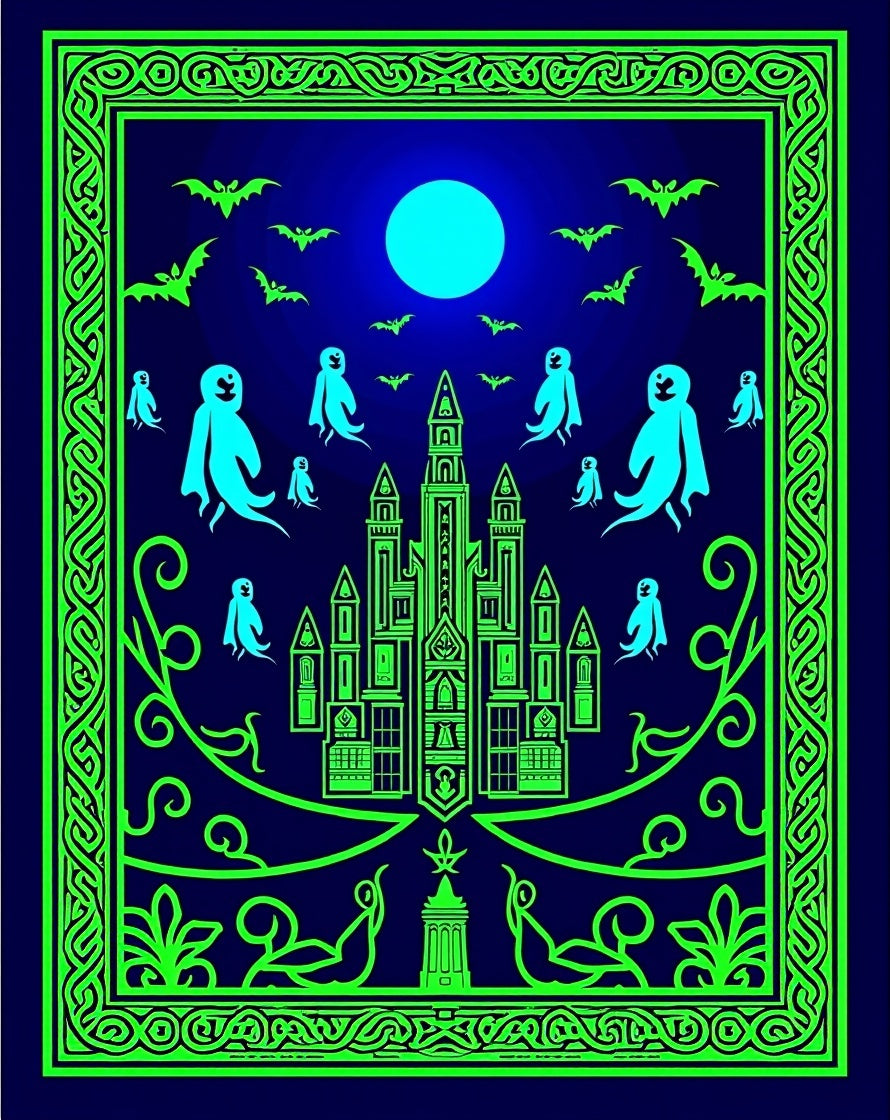 Eerie Neon Gothic Castle Ghost Moon Bats Rug