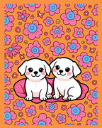 Cute Puppies Pink Floral Orange Background Rug