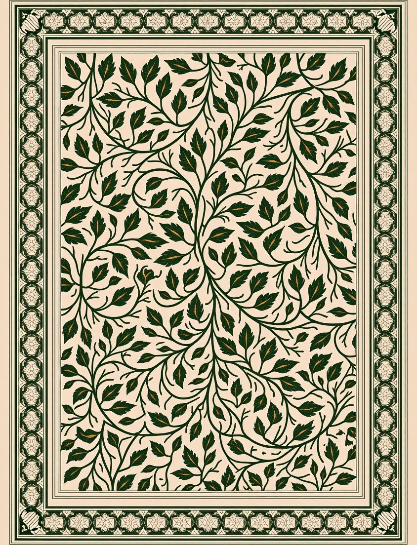 Dark Green Leaf Vine Intricate Border Rug