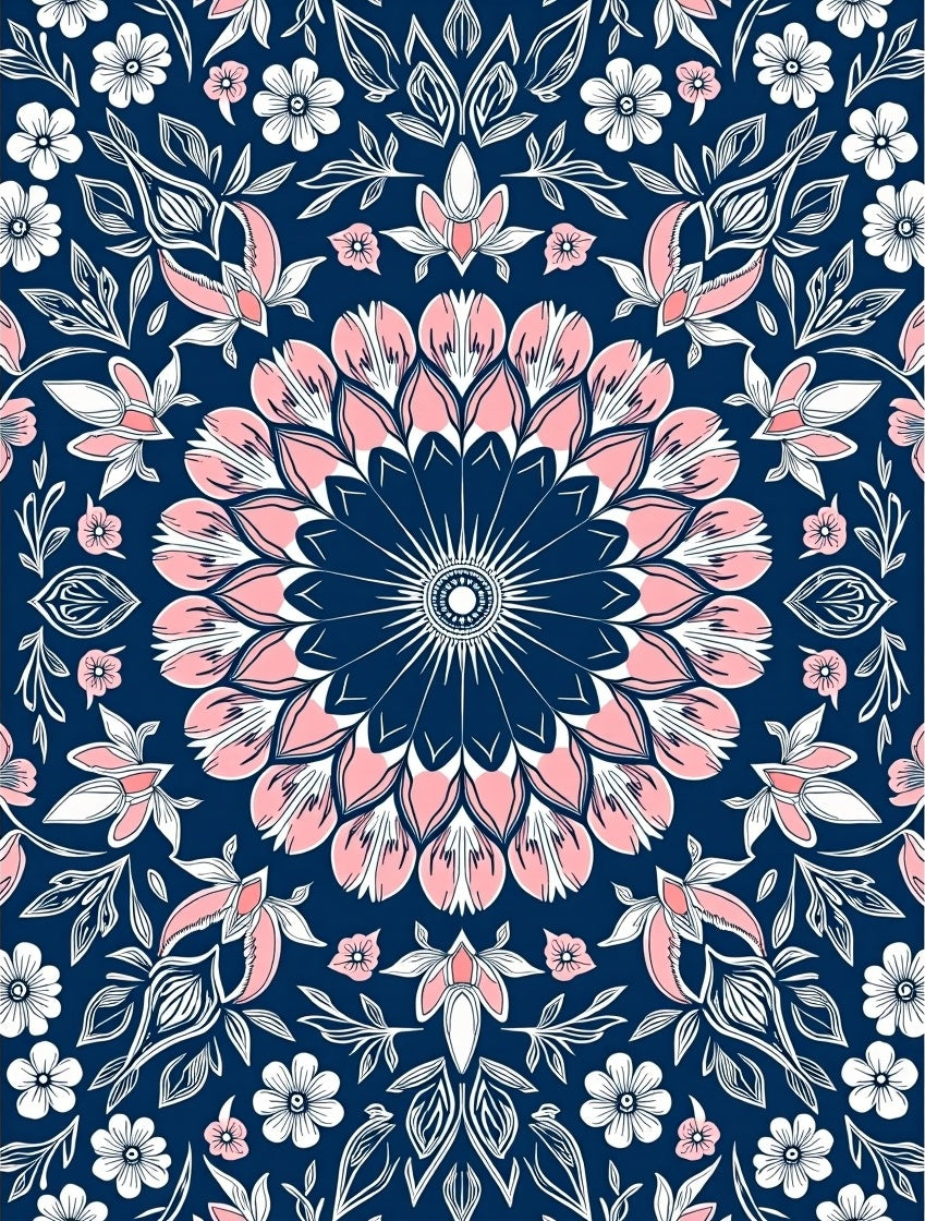 Grand Pink Floral Medallion Navy Rug