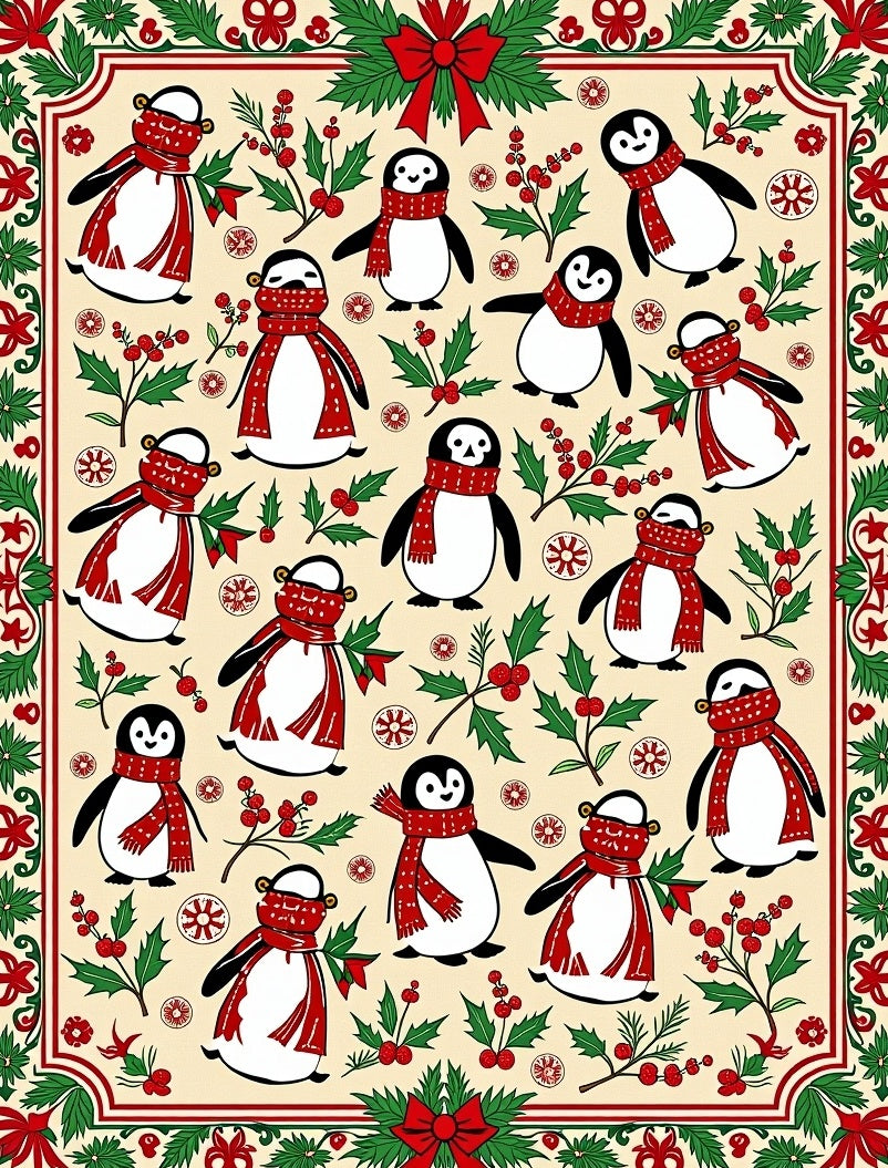 Festive Red Scarf Penguins Holly Berries Rug