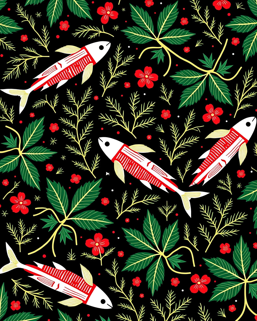 Red White Fish And Green Leaves Rug
