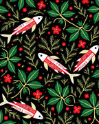 Red White Fish And Green Leaves Rug