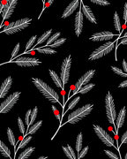 White Needle Branch Red Berry Black Rug