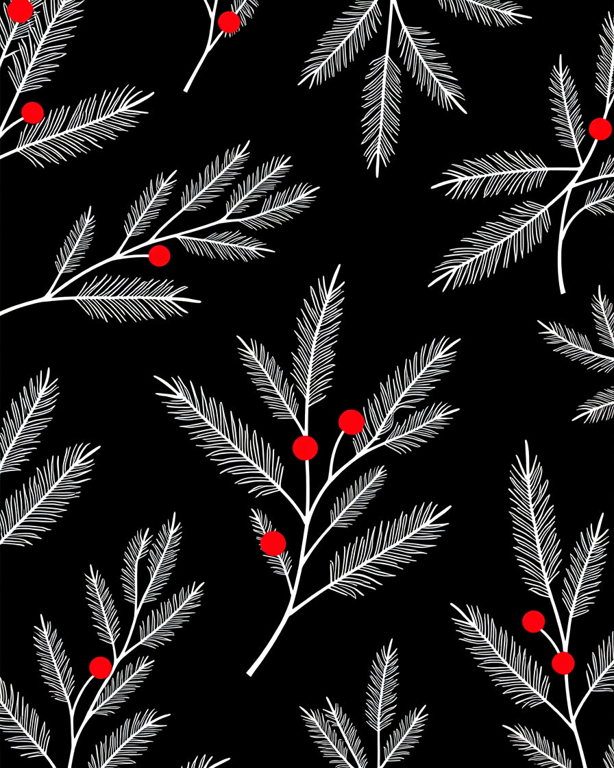 White Needle Branch Red Berry Black Rug