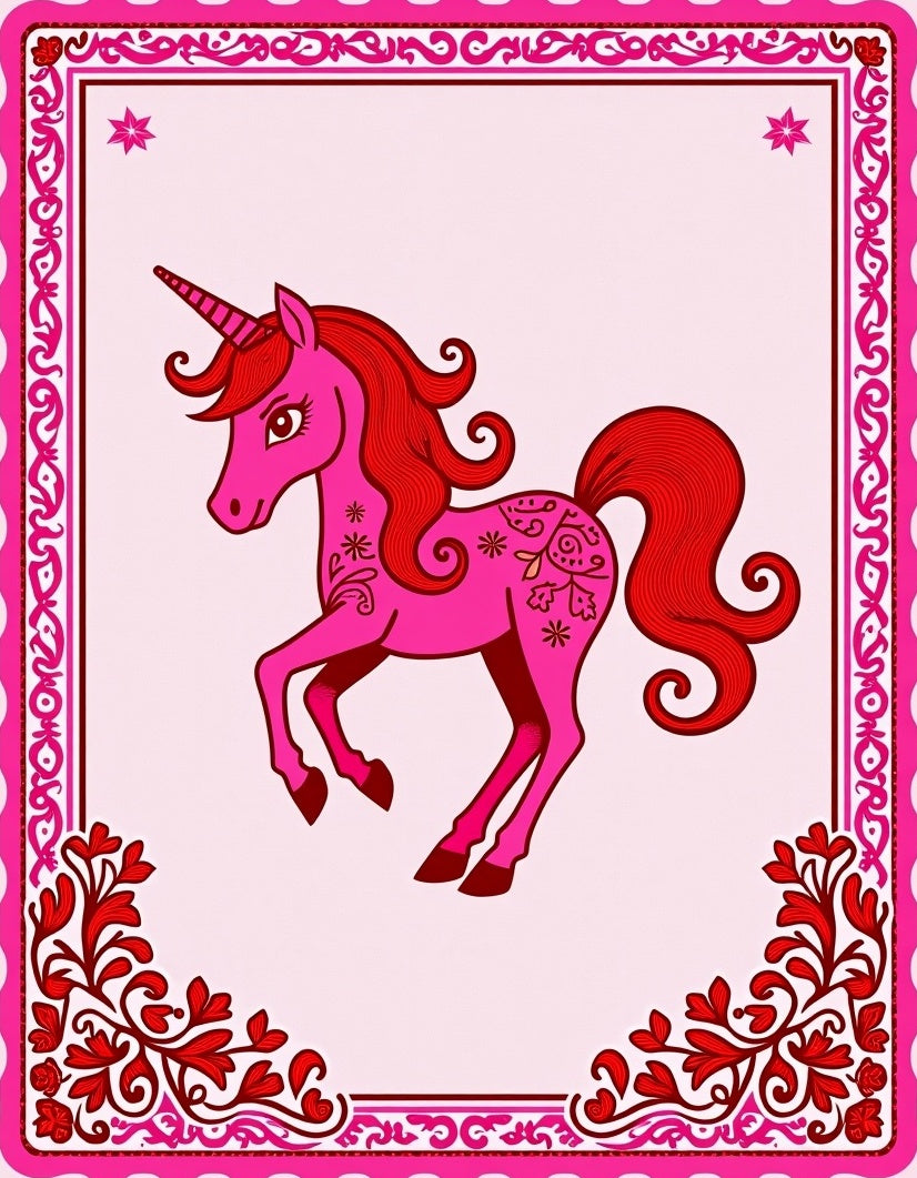 Pink Unicorn With Red Floral Accents Rug