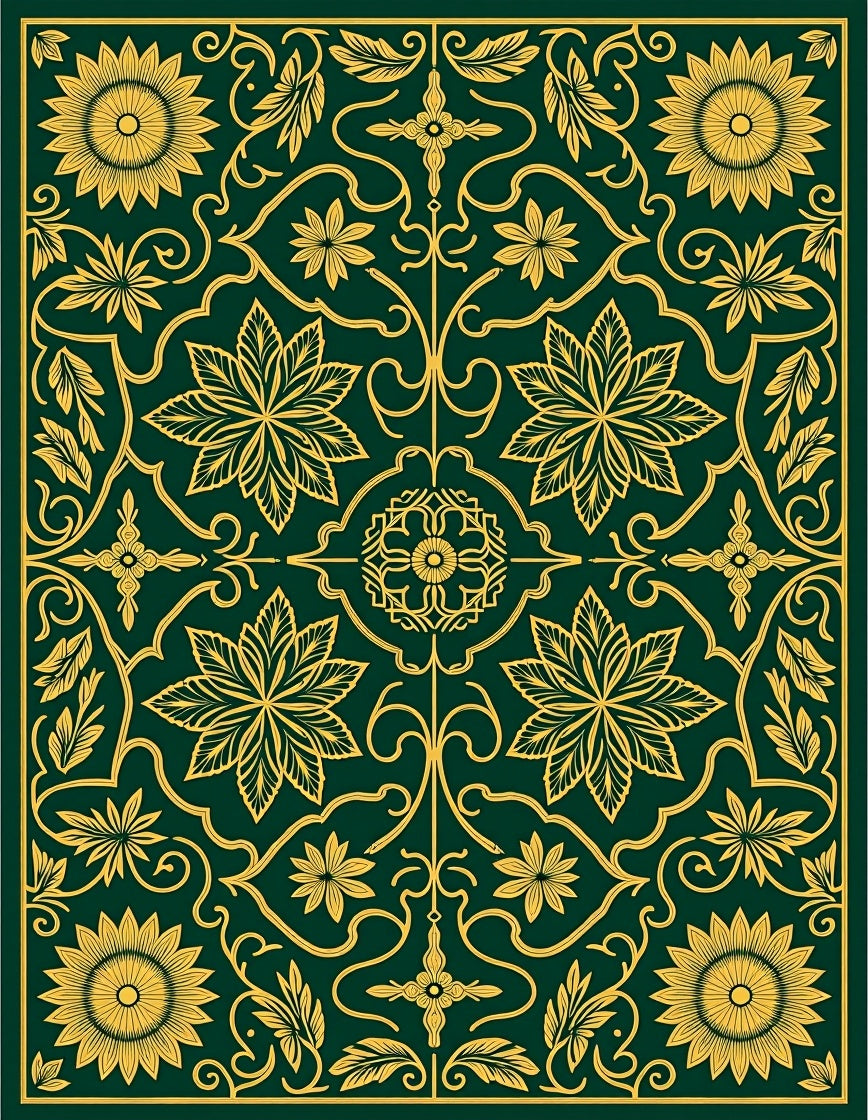 Gold Floral Vine Emerald Medallion Rug
