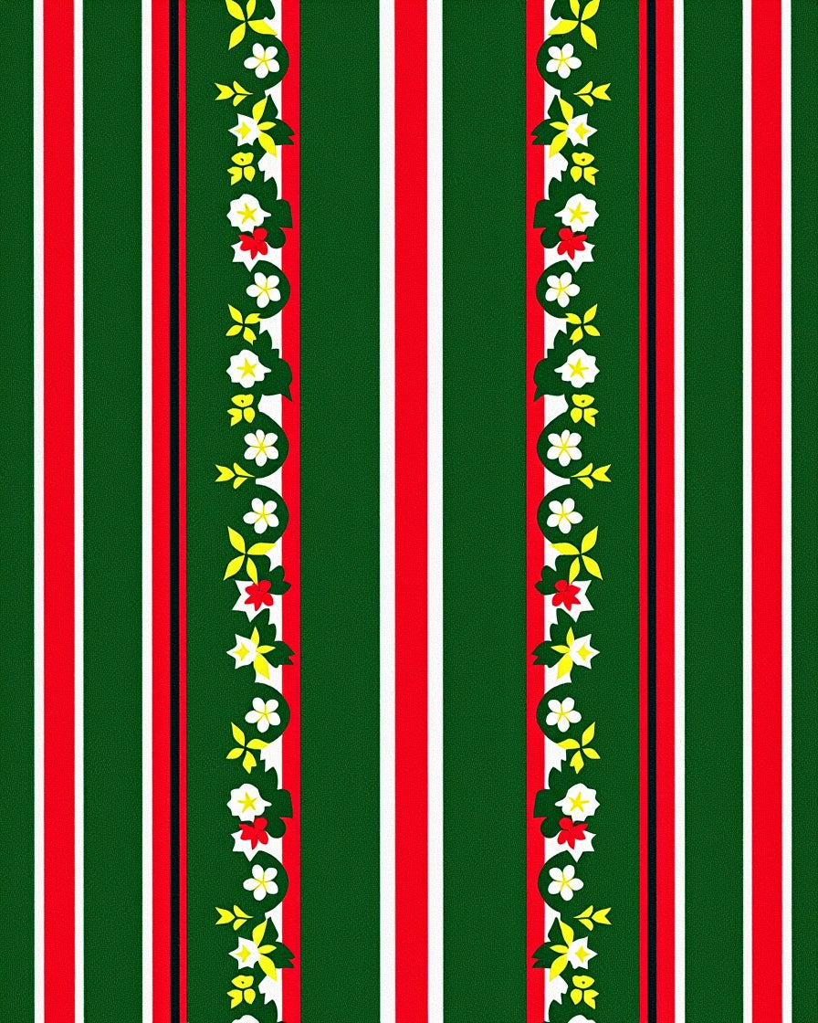 Festive Green Red White Floral Stripe Rug