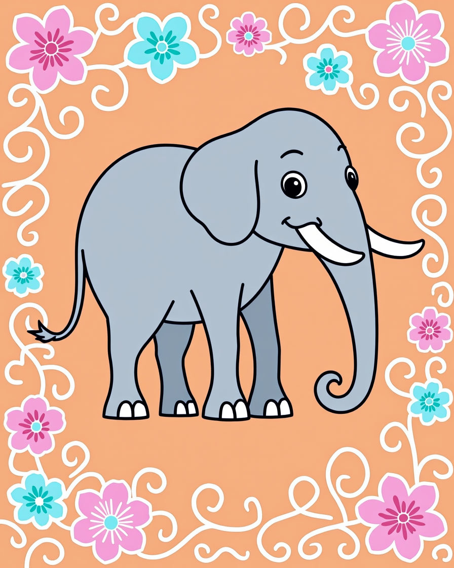 Whimsical Gray Elephant Floral Border Rug