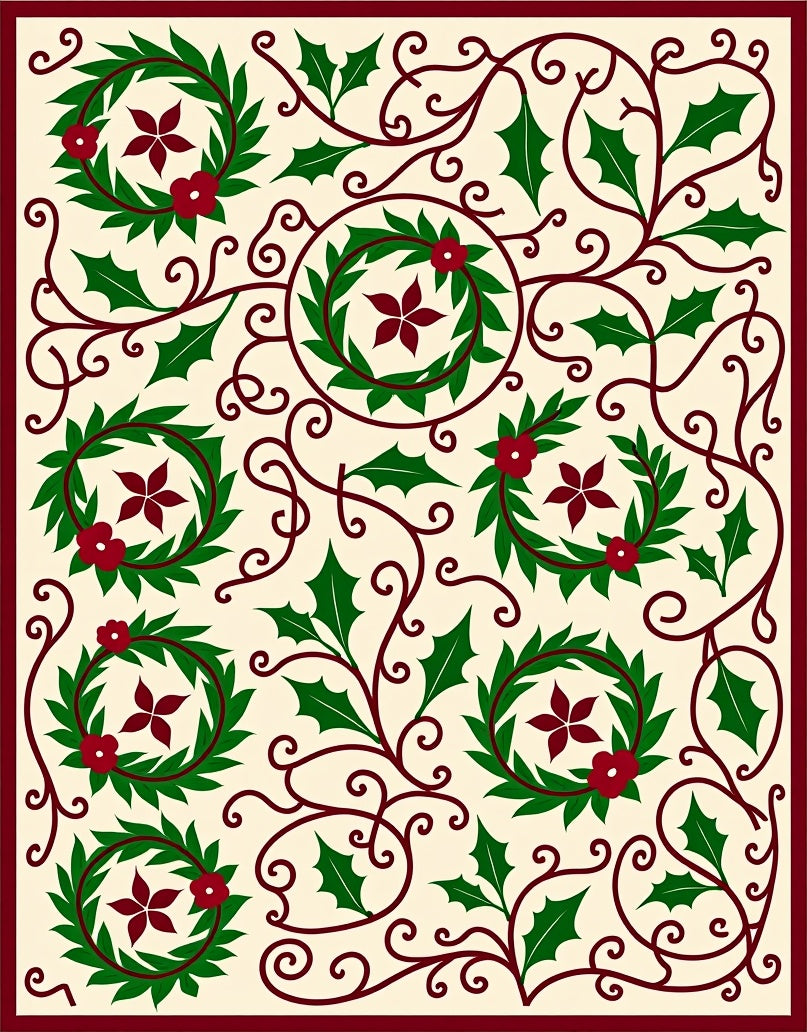 Elegant Holly Wreath Floral Scroll Rug