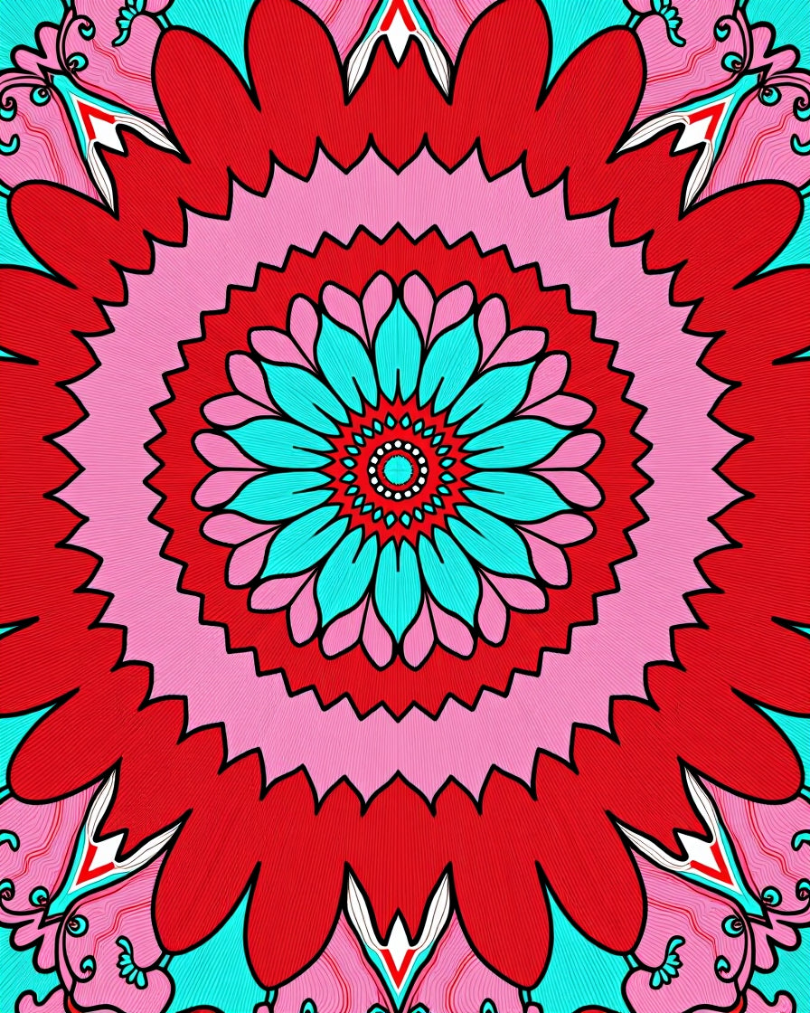 Vibrant Red Cyan Floral Medallion Rug
