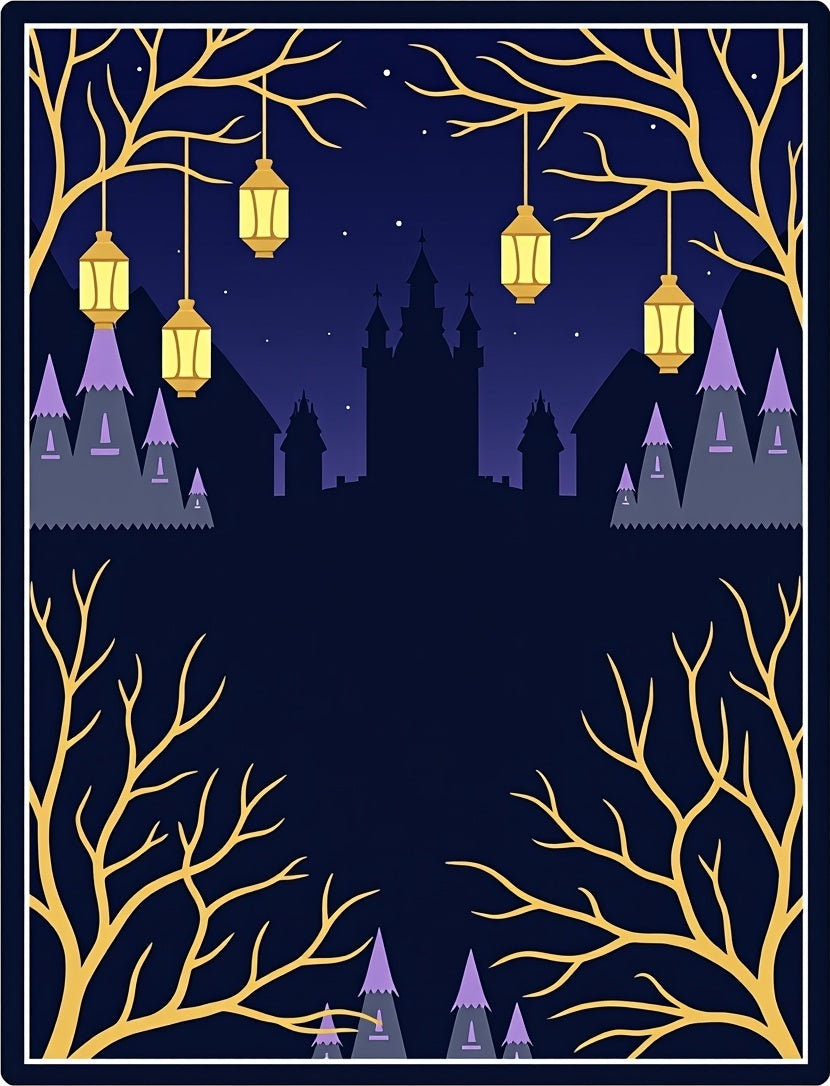 Golden Tree Night Castle Lanterns Rug