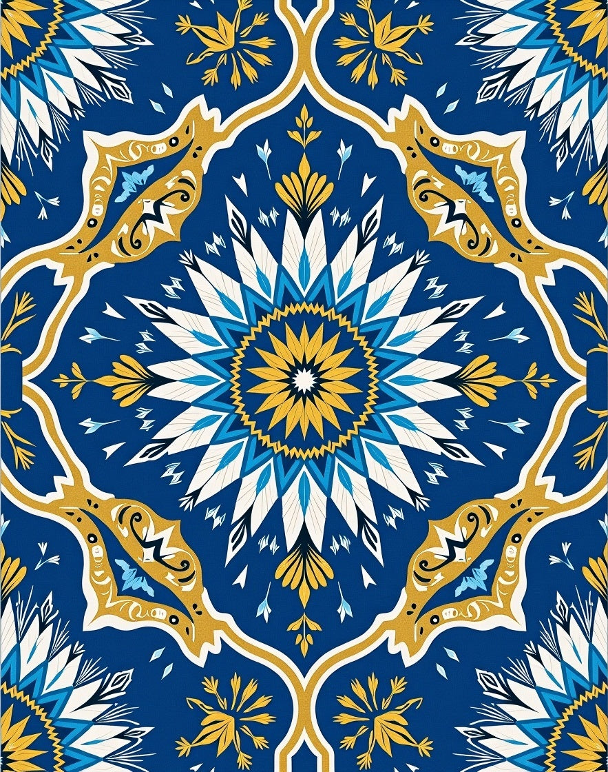 Ocean Blue Golden Medallion Floral Rug