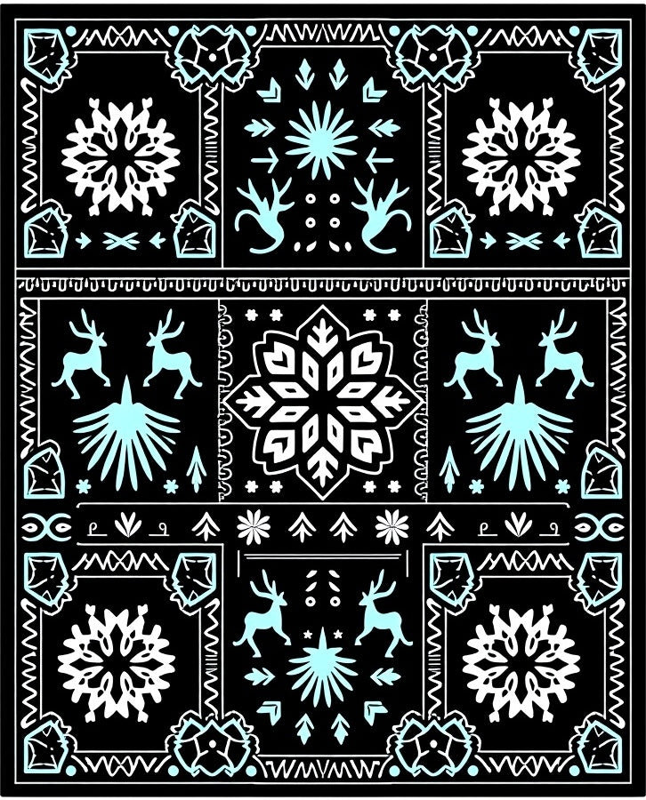 Black Aqua Winter Wildlife Snowflake Motif Rug