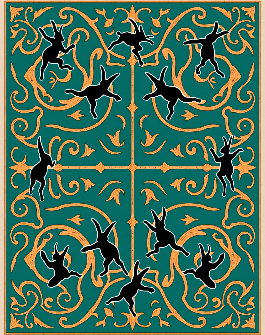 Teal and Gold Whimsical Bunny Scroll Rug