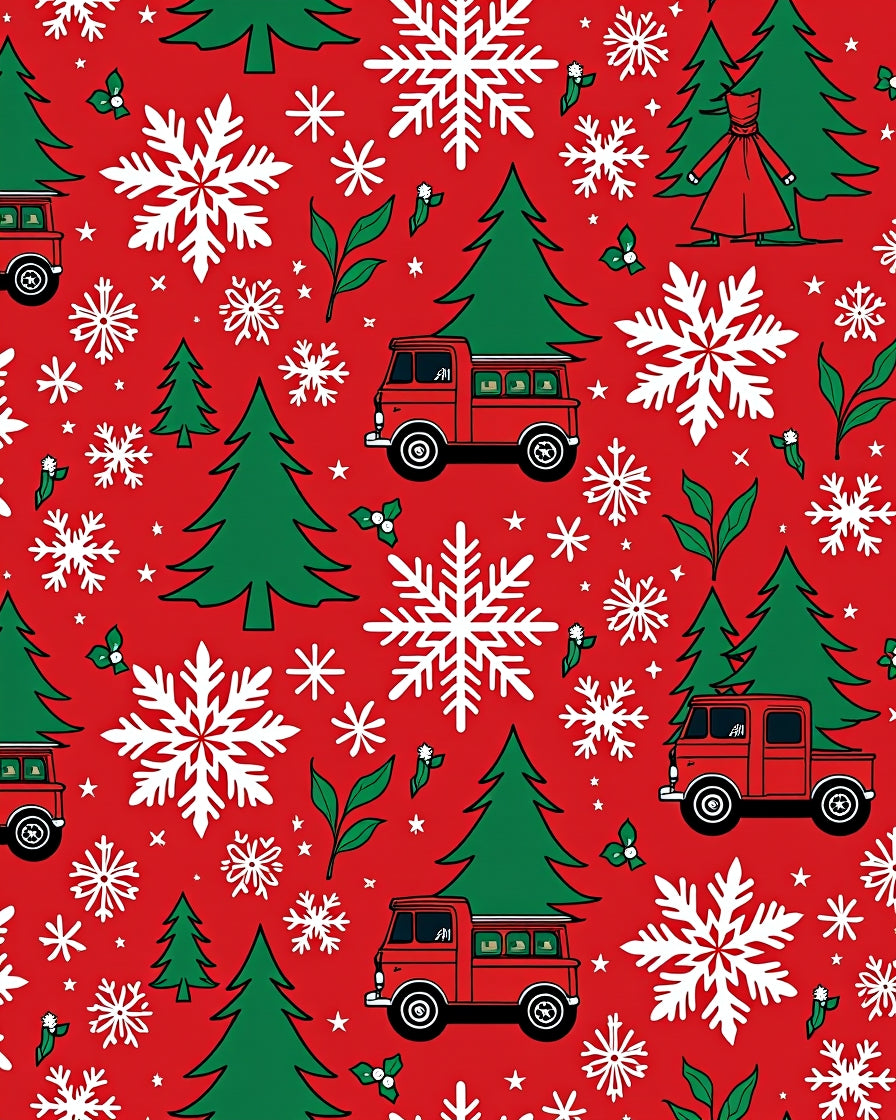 Red White Snowflake Truck Christmas Trees Rug