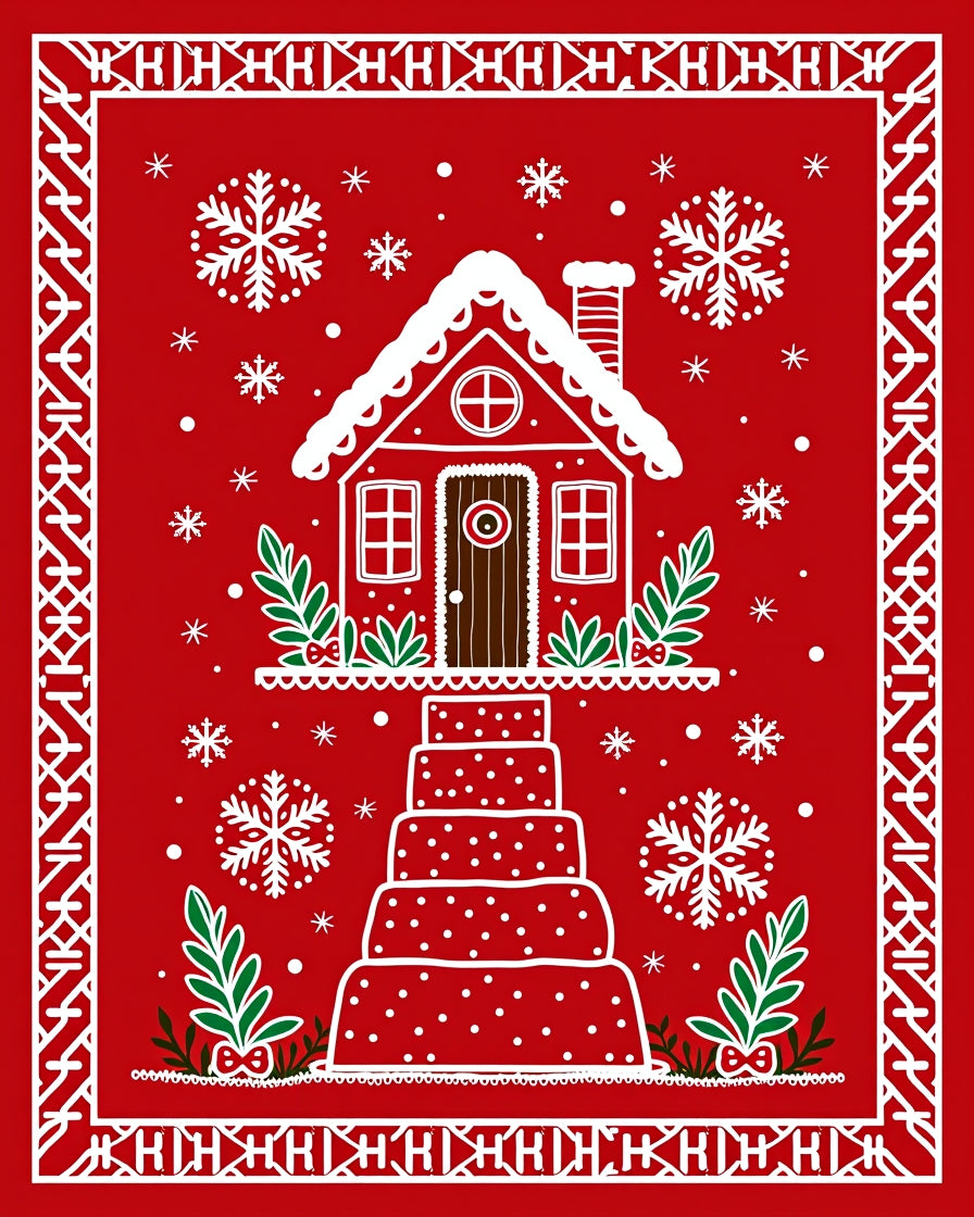 Festive Red Gingerbread House Snowflakes Rug