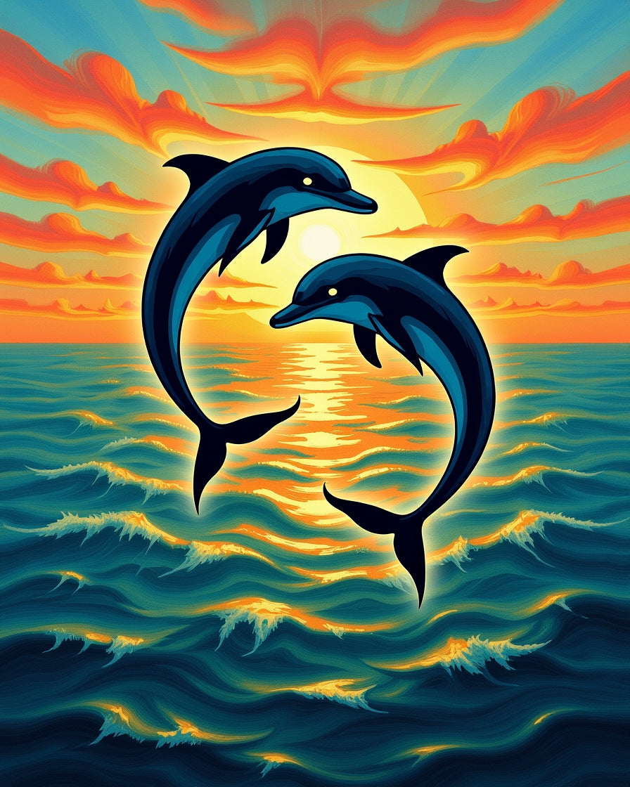 Energetic Blue Dolphins Sunset Ocean Waves Rug