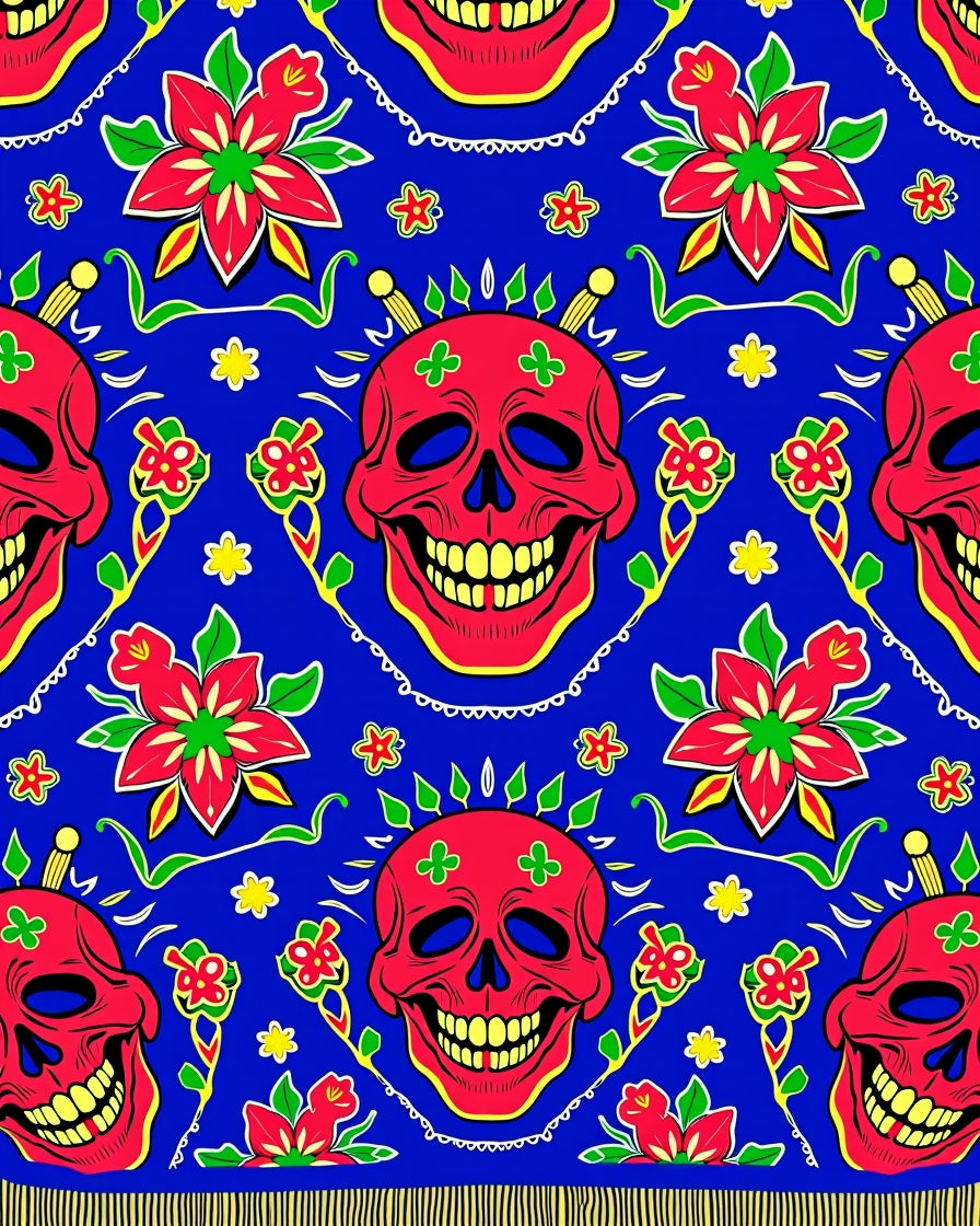 Vibrant Red Skull Blue Floral Harmony Rug