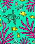 Retro Teal Turtle Fish Coral Scene Rug
