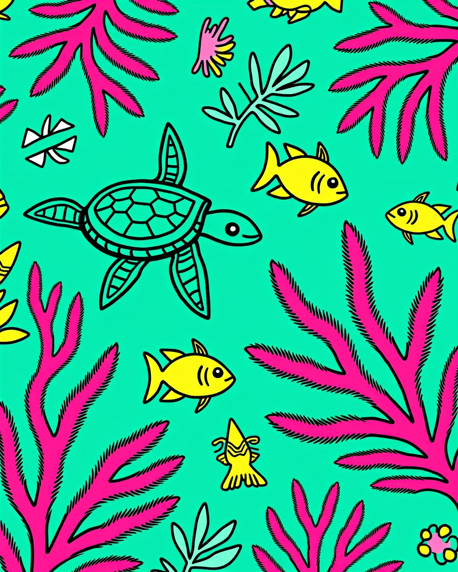 Retro Teal Turtle Fish Coral Scene Rug
