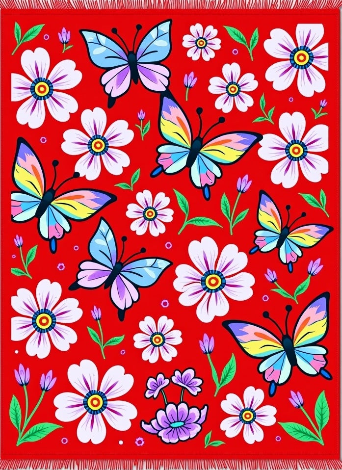 Vibrant Red Butterfly Floral Meadow Rug