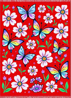 Vibrant Red Butterfly Floral Meadow Rug