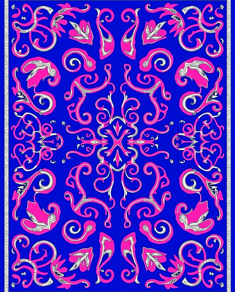 Vibrant Pink Swirls on Royal Blue Rug